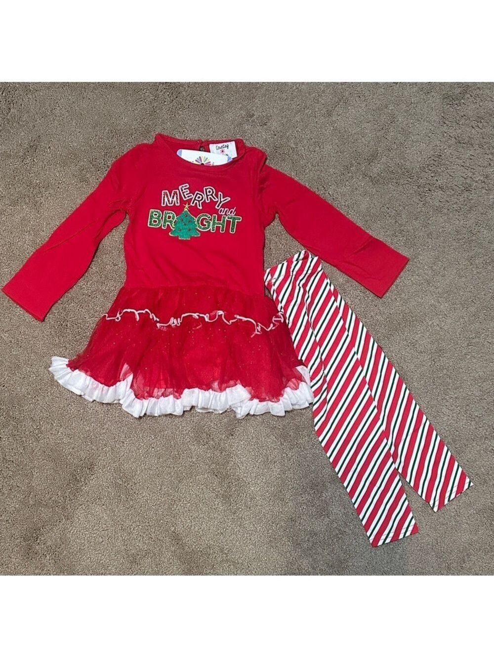 Red and White Holiday 2-piece Set with Striped Leggings
